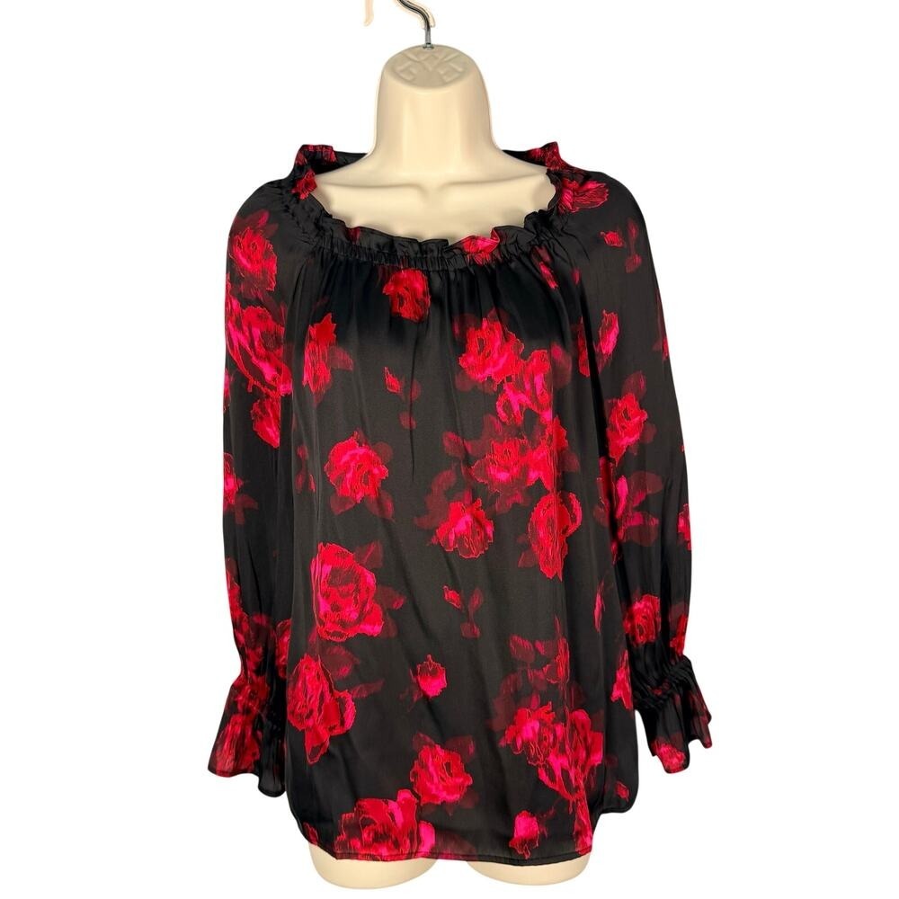 Talbots Top SP Black Red Rose Floral Off Shoulder Bell Cuff Blouse Dark Romantic